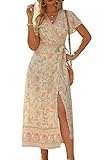 R.Vivimos Women's Summer Short Sleeve Floral Print Bohemian Beach Waist Tie Wrap Long Flowy Dress with Slit (Large, Beige)