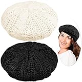 SATINIOR 2 Pieces Ladies Soft and Lightweight Crochet Solid Color Beret, One Size Casual Beanie (Black, Beige)